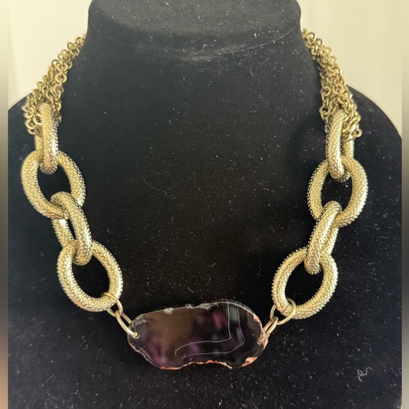 Gold Tone Chunky Chain Agate Statement Necklace EUC - Picture 7 of 8